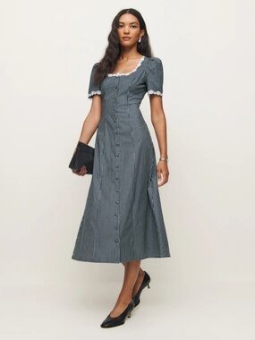 Reformation Alida Striped Cotton Lace Trim Midi Dress Blue White Size 6